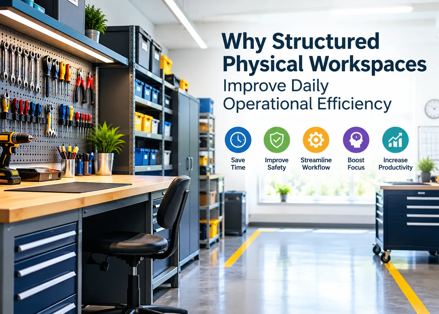 A clean, organized workshop with neatly arranged tools, storage cabinets, and clear walkways illustrates how structured physical workspaces improve daily operational efficiency by saving time, enhancing safety, streamlining workflows, boosting focus, and increasing overall productivity.